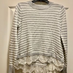 White and Gray Striped Sweater with Lace Detailing